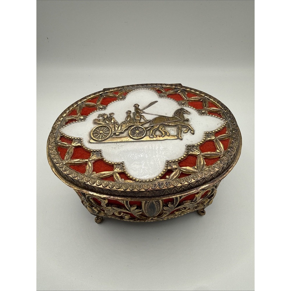 Vintage Footed Brass Filigree Trinket Ornate Jewelry Box Red Velvet 3.5x3x2"